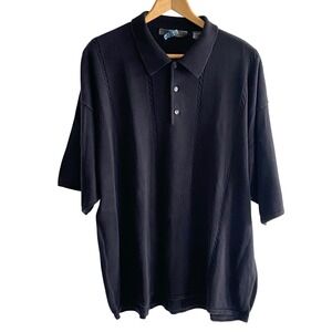 Le Collezioni Structure Mens XL Black Cotton Knit Polo Shirt Short Sleeve Cable